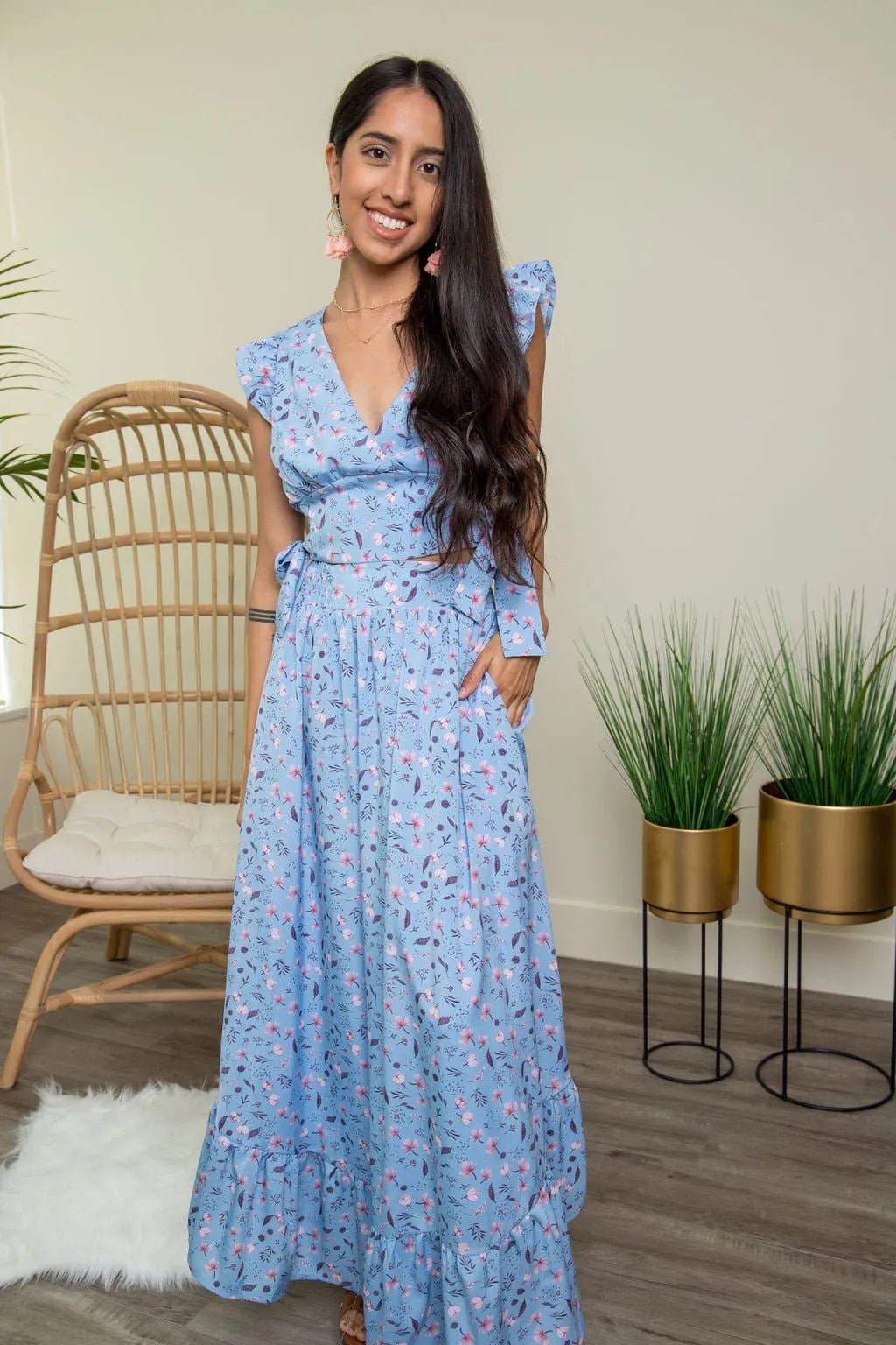 Cali Blue & Wild Rose Two-Piece Crop Top & Maxi Skirt