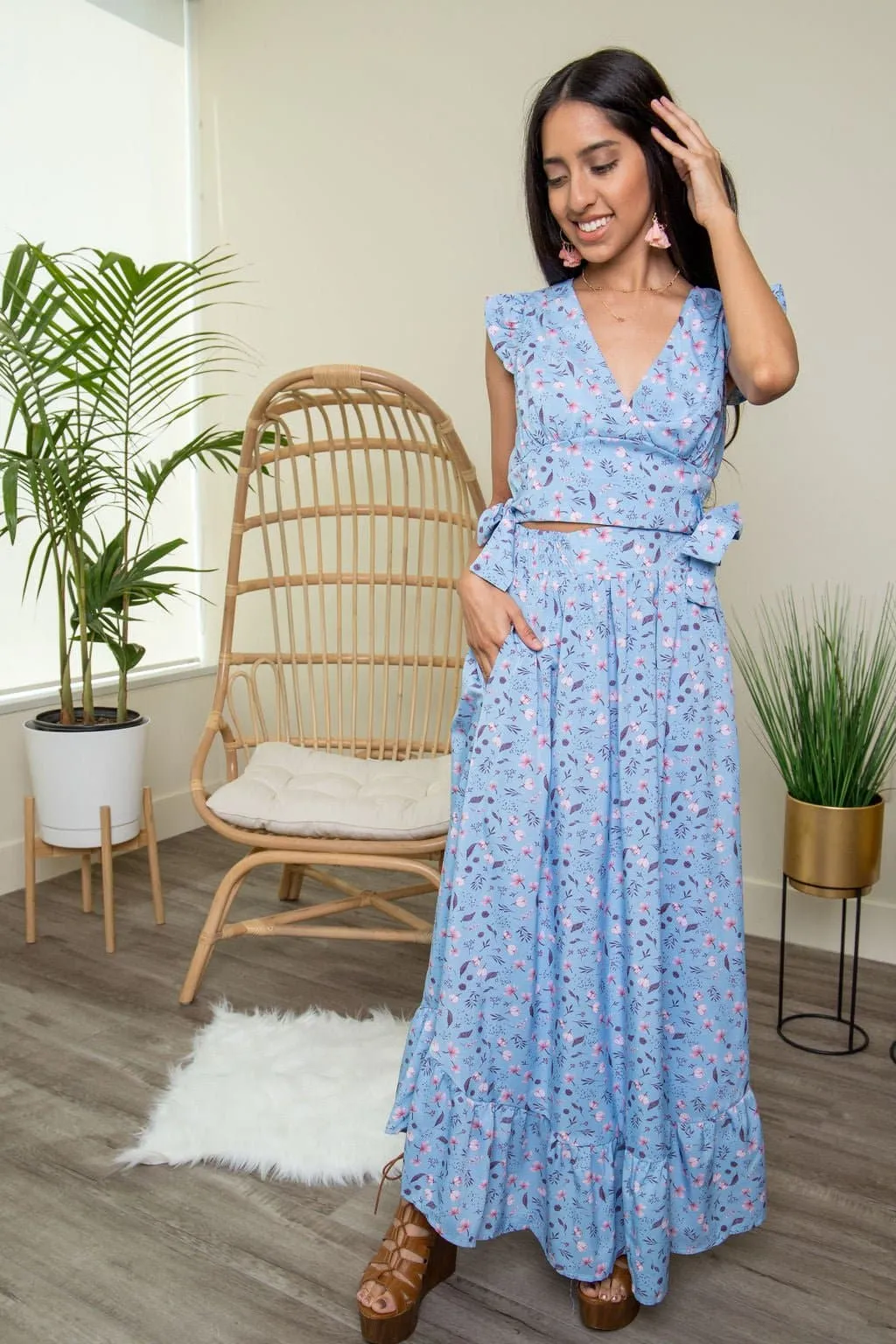 Cali Blue & Wild Rose Two-Piece Crop Top & Maxi Skirt