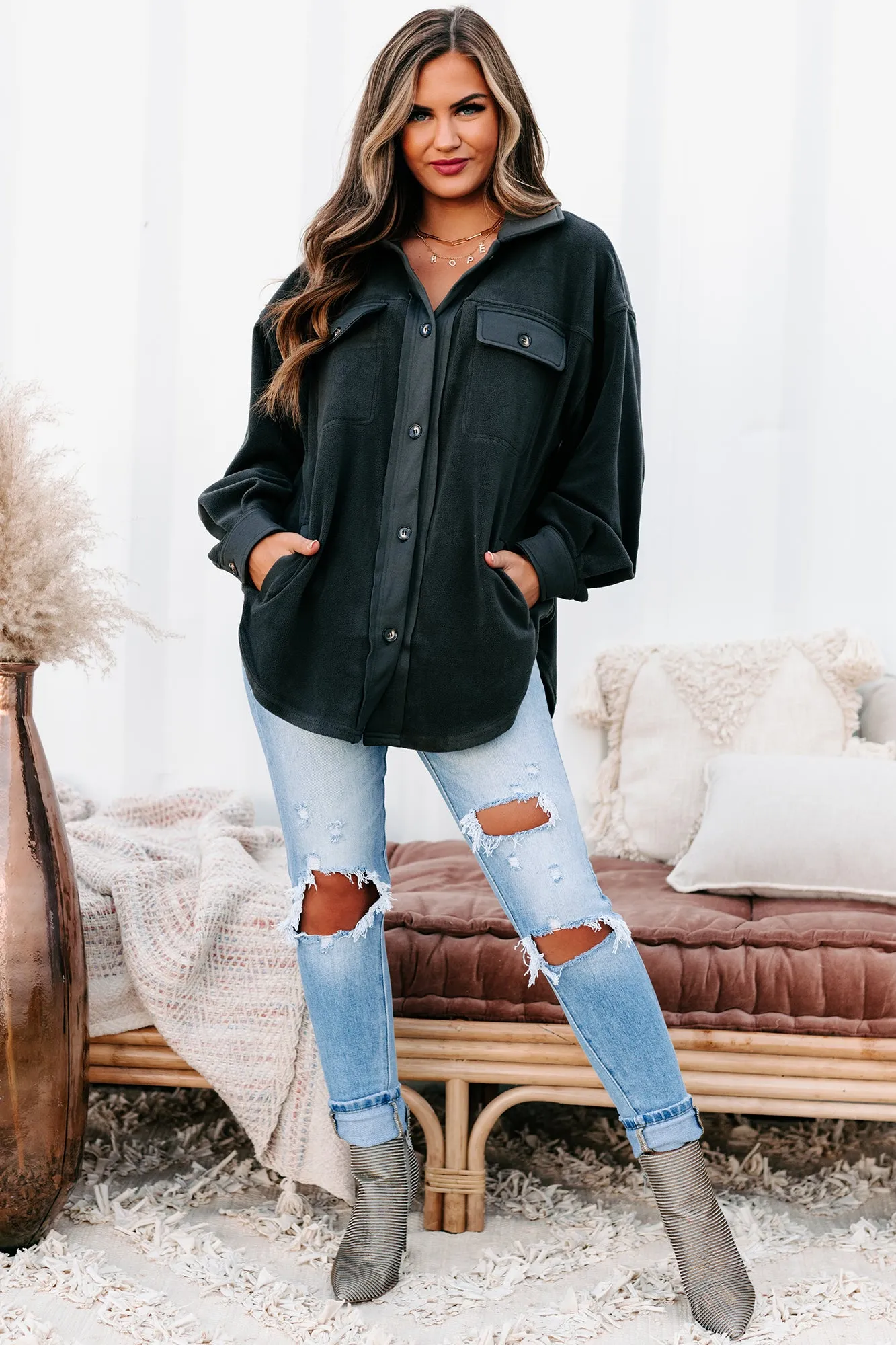 Call It Comfort Oversized Fleece Shacket (Charcoal)