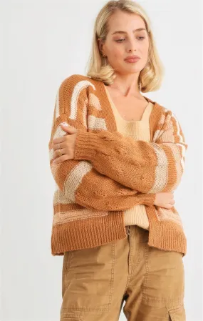 Camel Striped Crochet Knit Two Pocket Open Front Cardigan