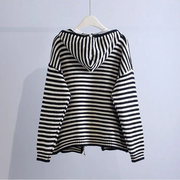 Candy Colorblock Multi Stripes Zipper Cardigan With Hood