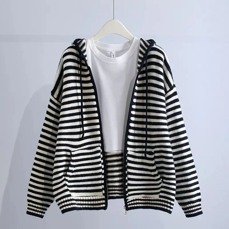 Candy Colorblock Multi Stripes Zipper Cardigan With Hood