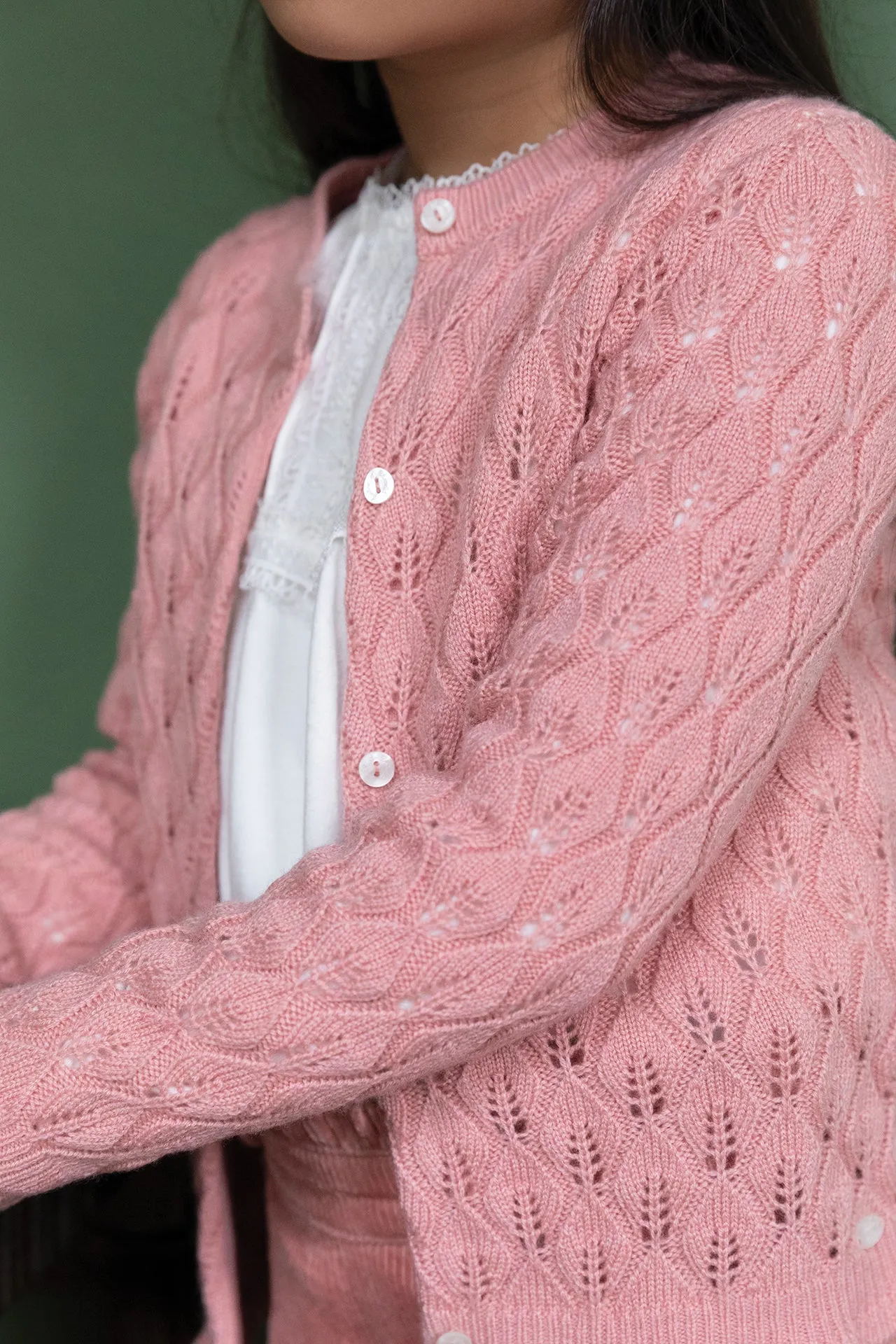 Cardigan - Rose tricot feuilles