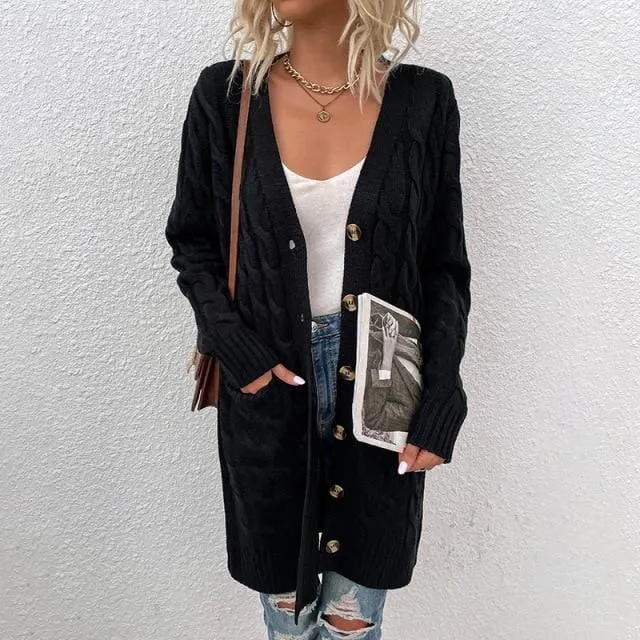 Casual Button-Down Open Front Cable Knit Cardigan