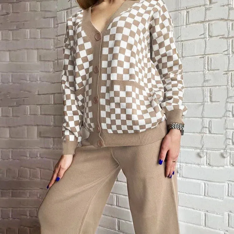 Casual Elegance V-Neck Lattice Print Sweater and Wide-Leg Pants Set