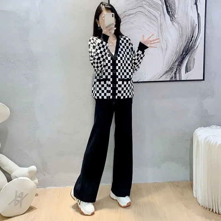 Casual Elegance V-Neck Lattice Print Sweater and Wide-Leg Pants Set