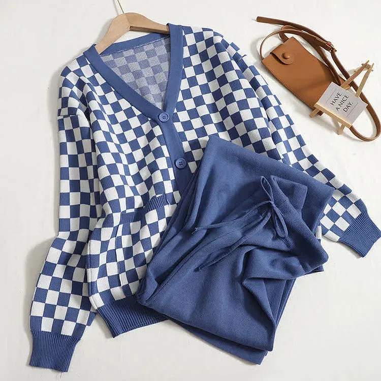 Casual Elegance V-Neck Lattice Print Sweater and Wide-Leg Pants Set