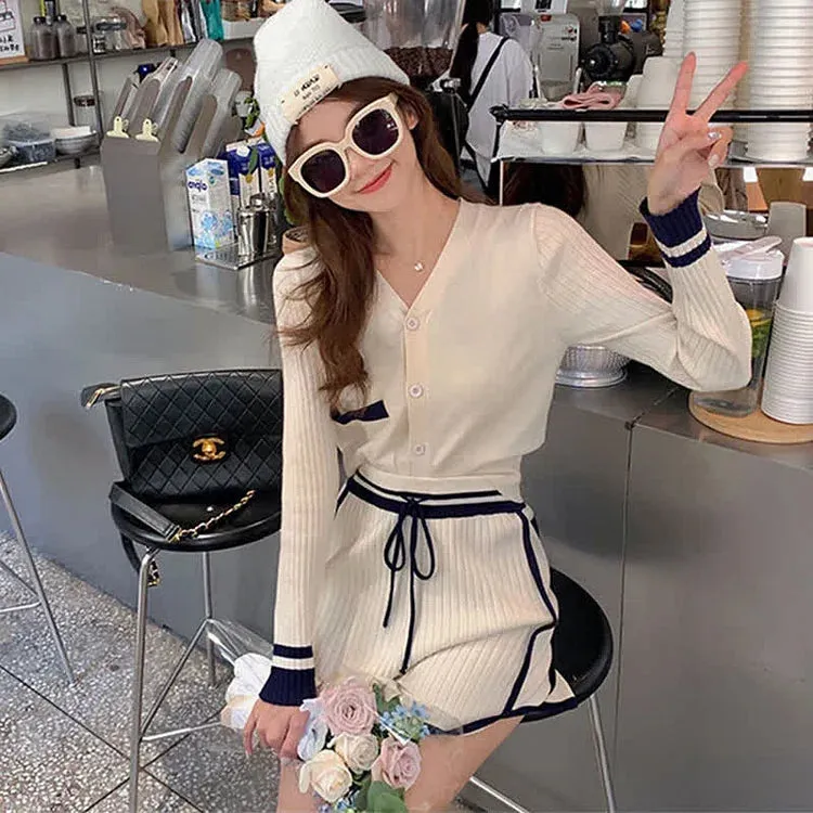 Chic Casual Colorblock V-Neck Sweater and High Waist Shorts Set