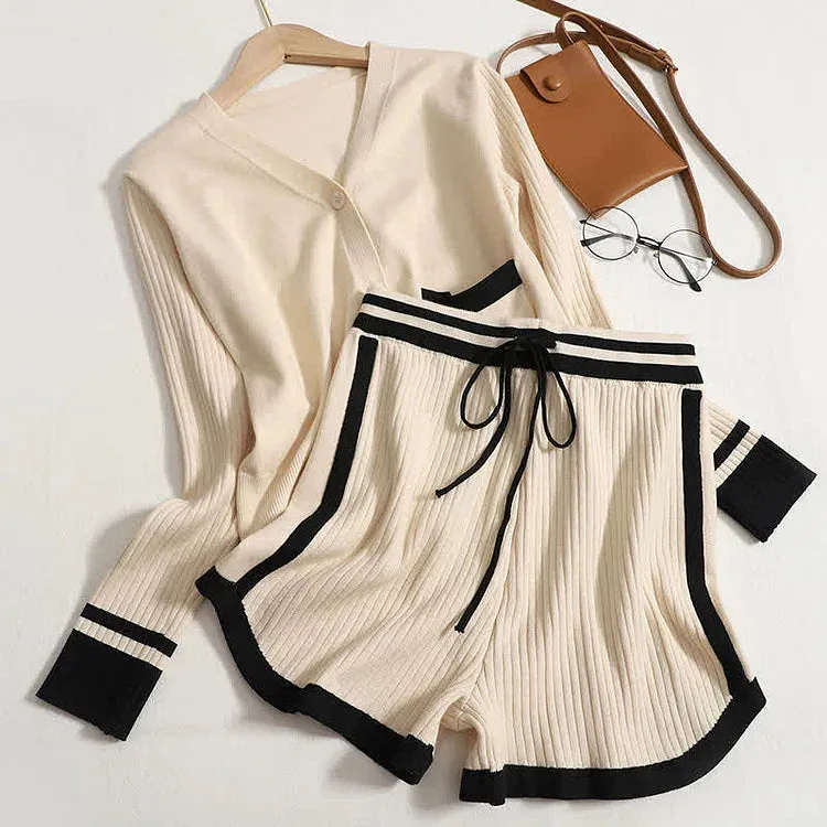 Chic Casual Colorblock V-Neck Sweater and High Waist Shorts Set