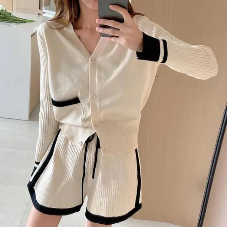 Chic Casual Colorblock V-Neck Sweater and High Waist Shorts Set