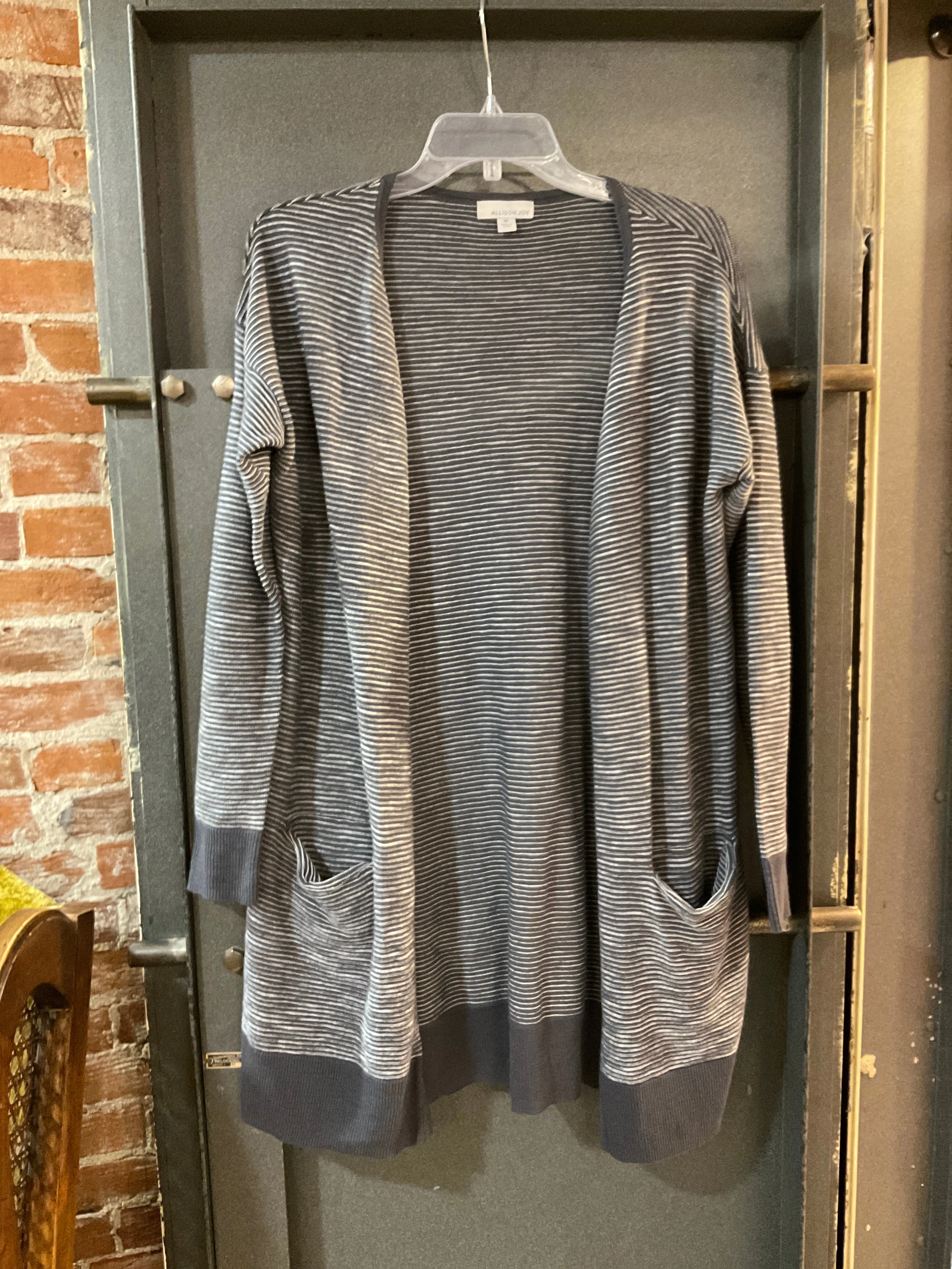 {{ClientCode}} GRAY AND WHITE STRIPE ALLISON JOY CARDIGAN, M