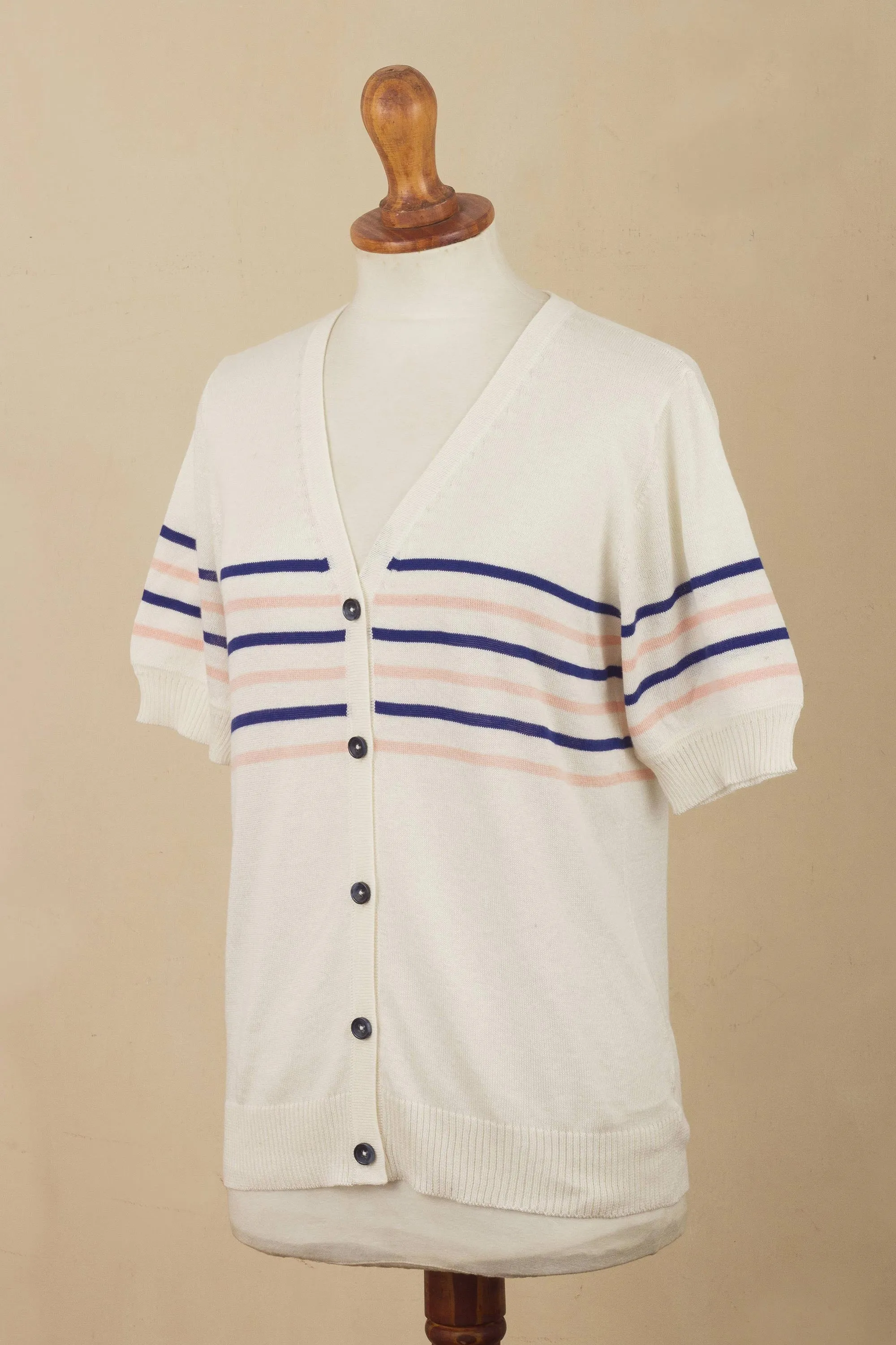 Cotton Blend Short Sleeve Striped Cardigan from Peru - Desert Sunrise | NOVICA