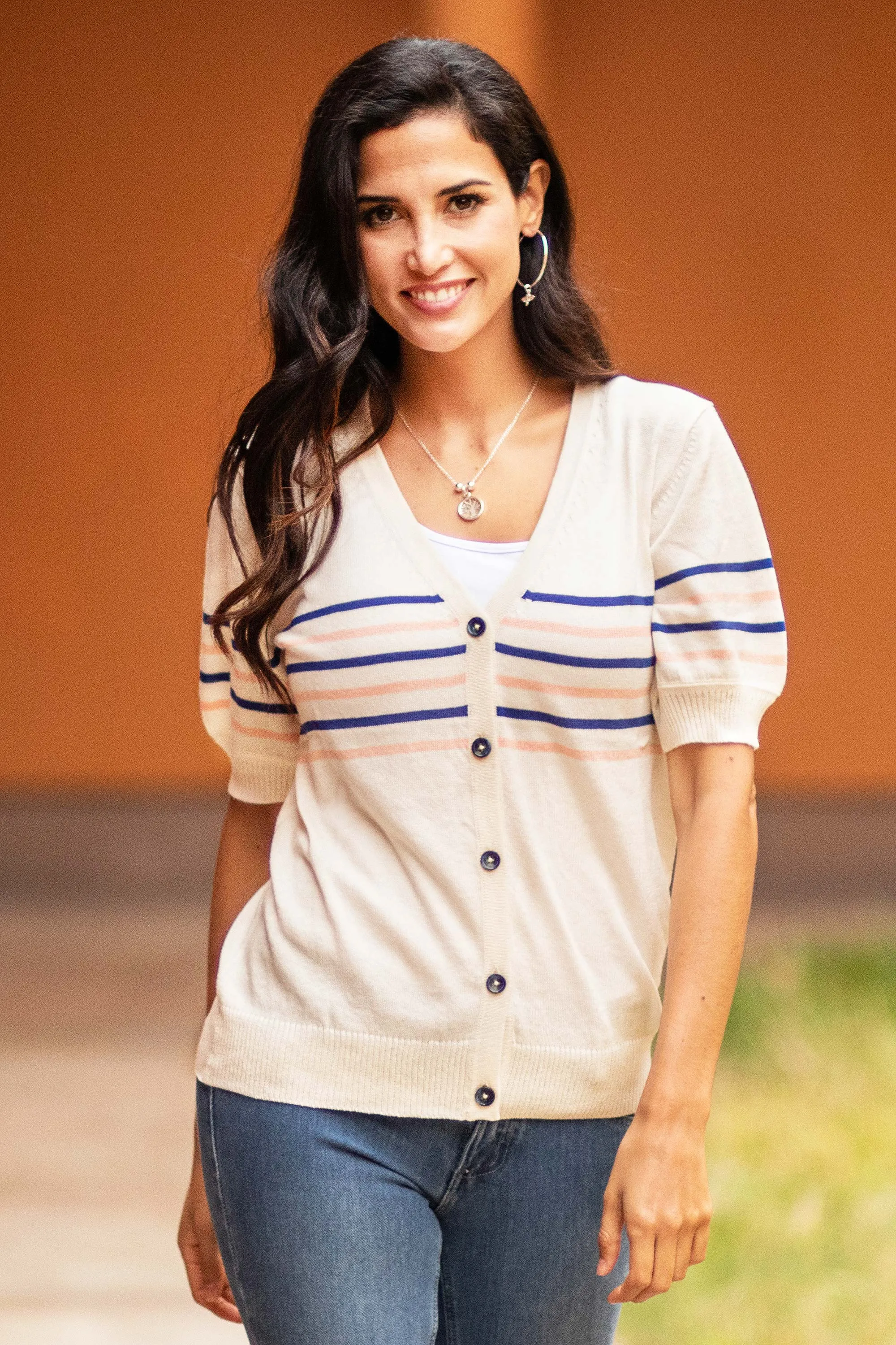 Cotton Blend Short Sleeve Striped Cardigan from Peru - Desert Sunrise | NOVICA