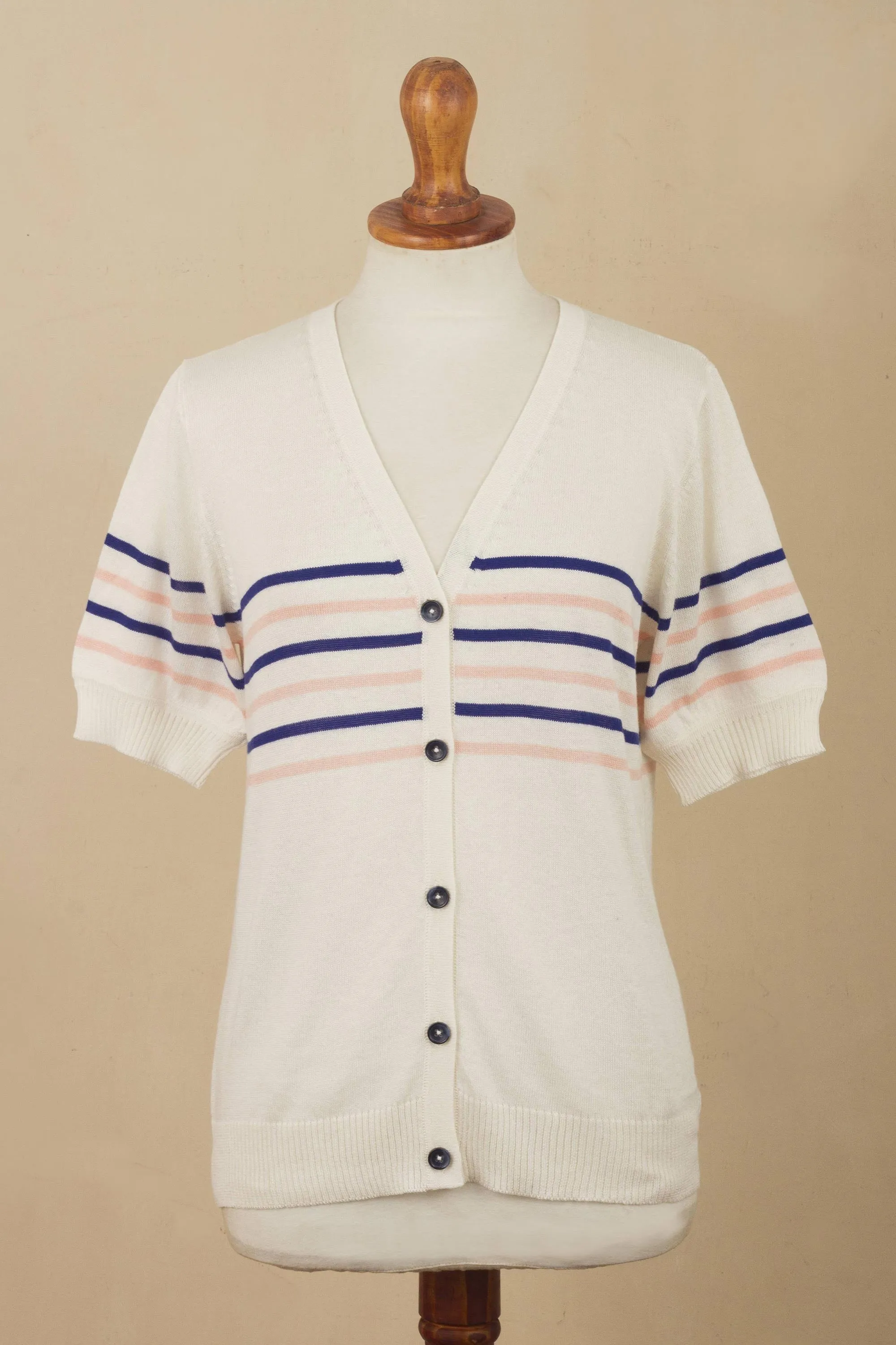 Cotton Blend Short Sleeve Striped Cardigan from Peru - Desert Sunrise | NOVICA