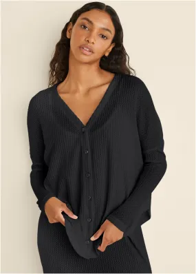 Cozy Waffle Button Down Top - Black