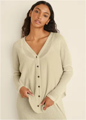 Cozy Waffle Button Down Top - Oatmeal