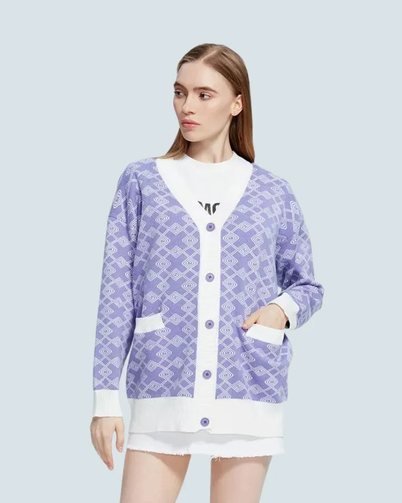 Cross Pattern Buttoned Purple Cardigan