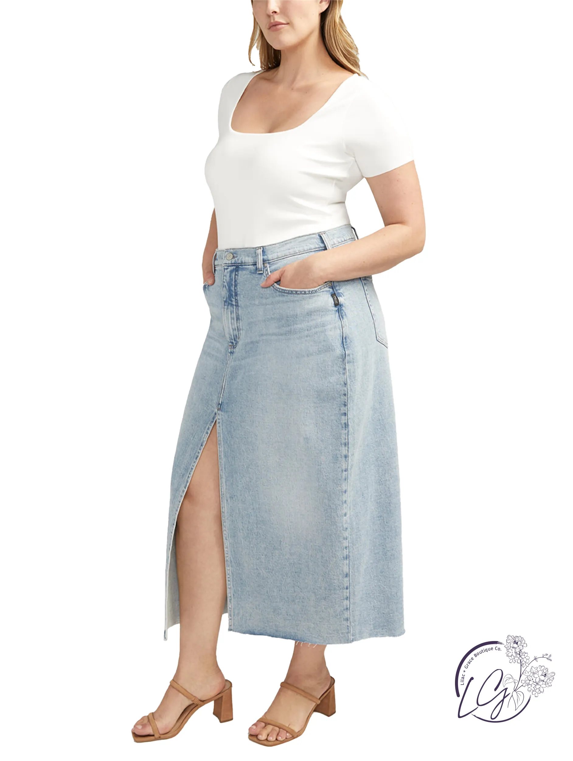 Curvy Rhiannon Front-Slit Midi Jean Skirt