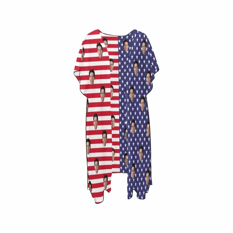 Custom Face American Flag Women's Mid-Length Side Slits Chiffon Cover Up