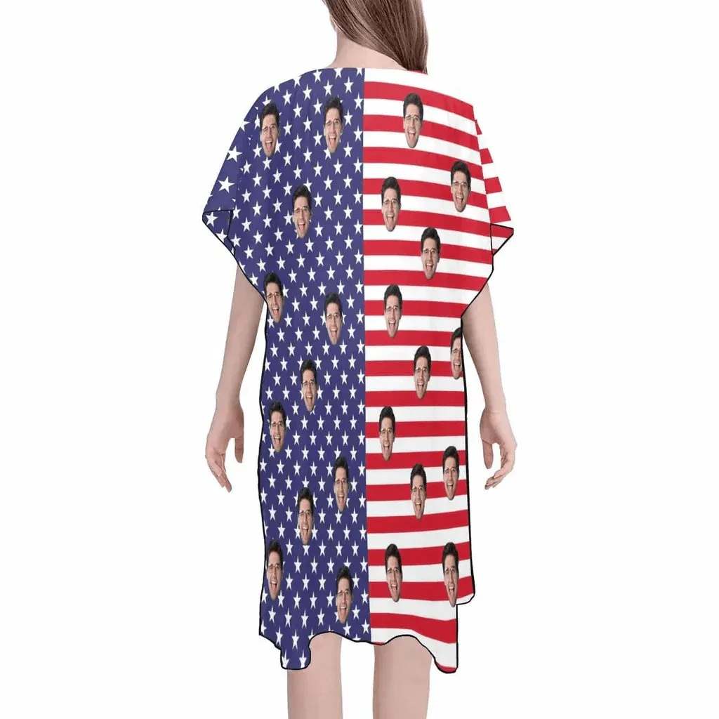 Custom Face American Flag Women's Mid-Length Side Slits Chiffon Cover Up