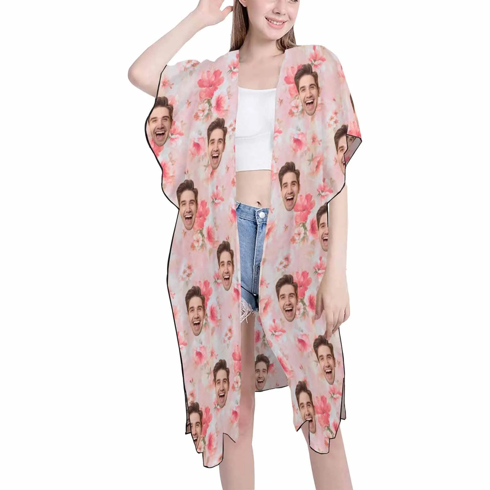 Custom Face Pink Flower Personalized Women's Mid-Length Side Slits Chiffon Cover Up