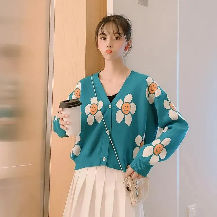 Daisy Print Women's Cardigan: Korean Style V-neck Knitted Cardigan with Floral Print