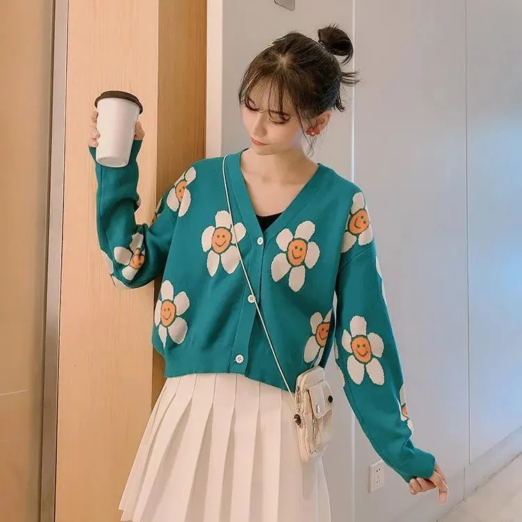 Daisy Print Women's Cardigan: Korean Style V-neck Knitted Cardigan with Floral Print