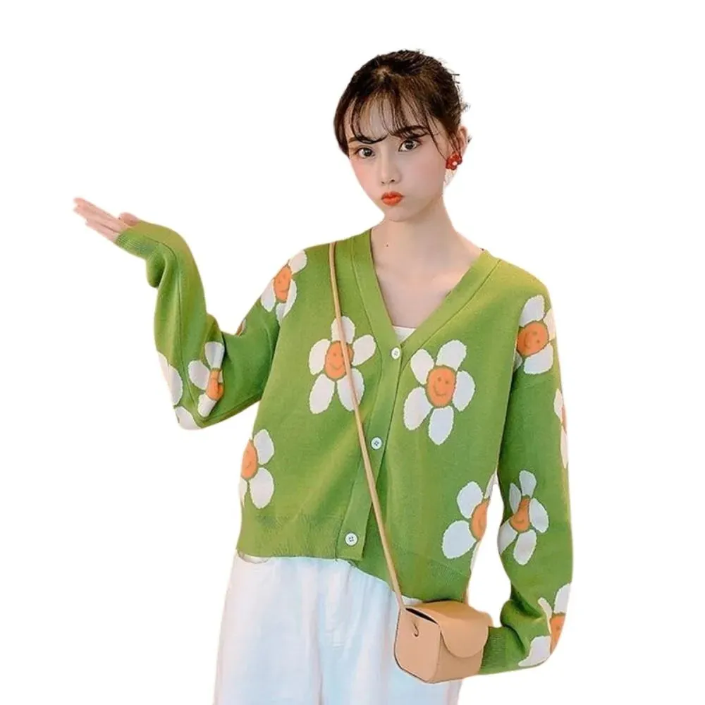 Daisy Print Women's Cardigan: Korean Style V-neck Knitted Cardigan with Floral Print