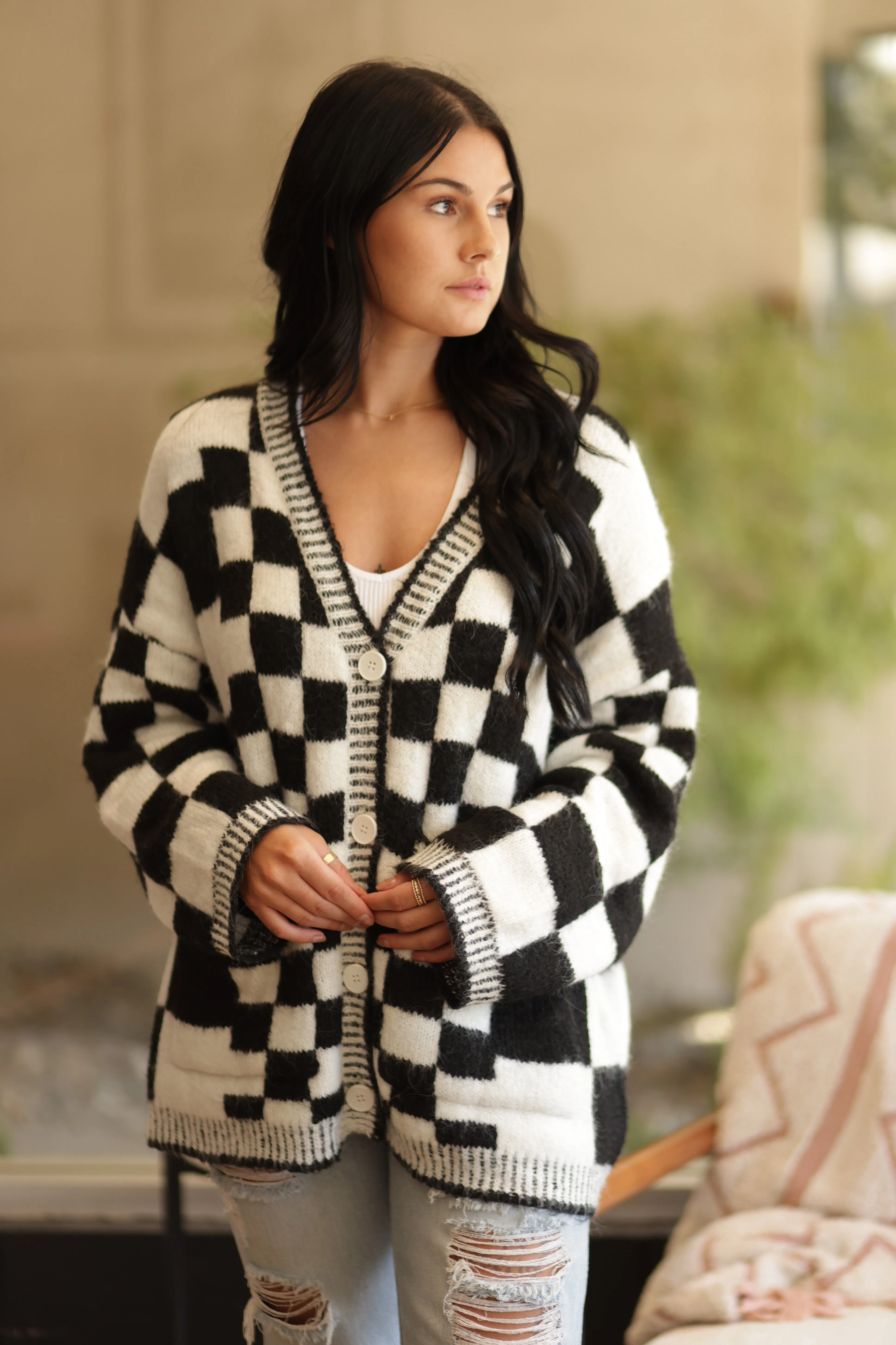 Denica Checkered Sweater Cardigan