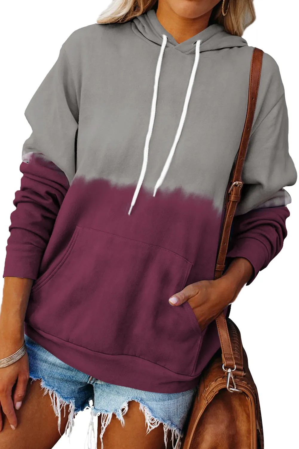 Dip-Dye Colorblock Kangaroo Pocket Drawstring Hoodie