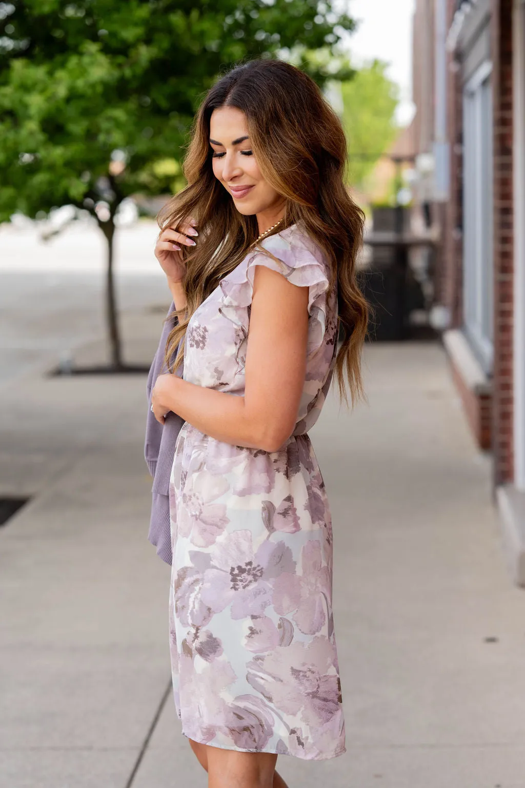 Elegant Floral Flutter Trim Dress