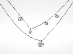 Elegant Multi Layer Micro Dangling CZ Heart Charms Silver Necklace