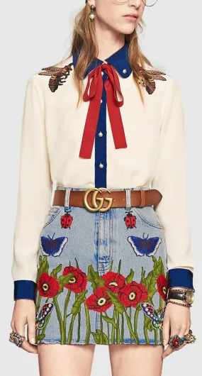 Embroidered Blouse & Mini Denim Skirt Set