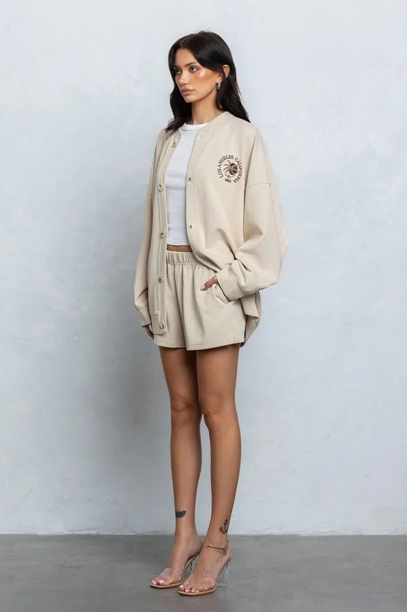 Embroidered Oversize Cardigan and Shorts Set Tan