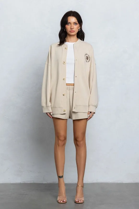 Embroidered Oversize Cardigan and Shorts Set Tan