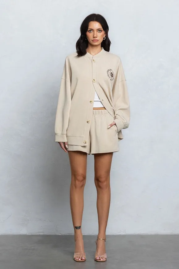 Embroidered Oversize Cardigan and Shorts Set Tan