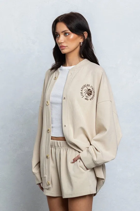 Embroidered Oversize Cardigan and Shorts Set Tan