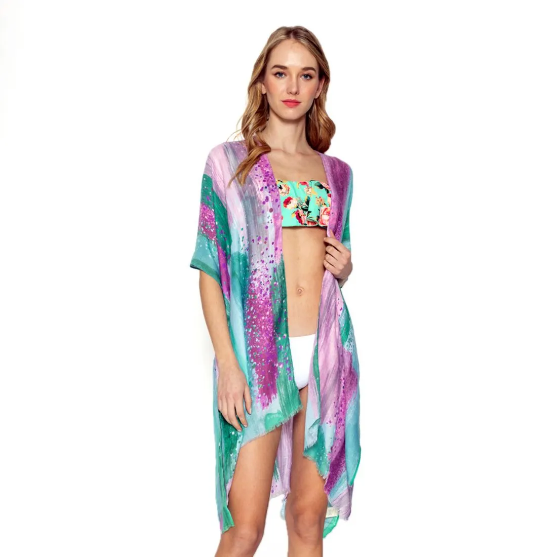 Empire Cove Womens Brush Stroke Print Kimono Shawl Wraps Beach Cover Ups Summer