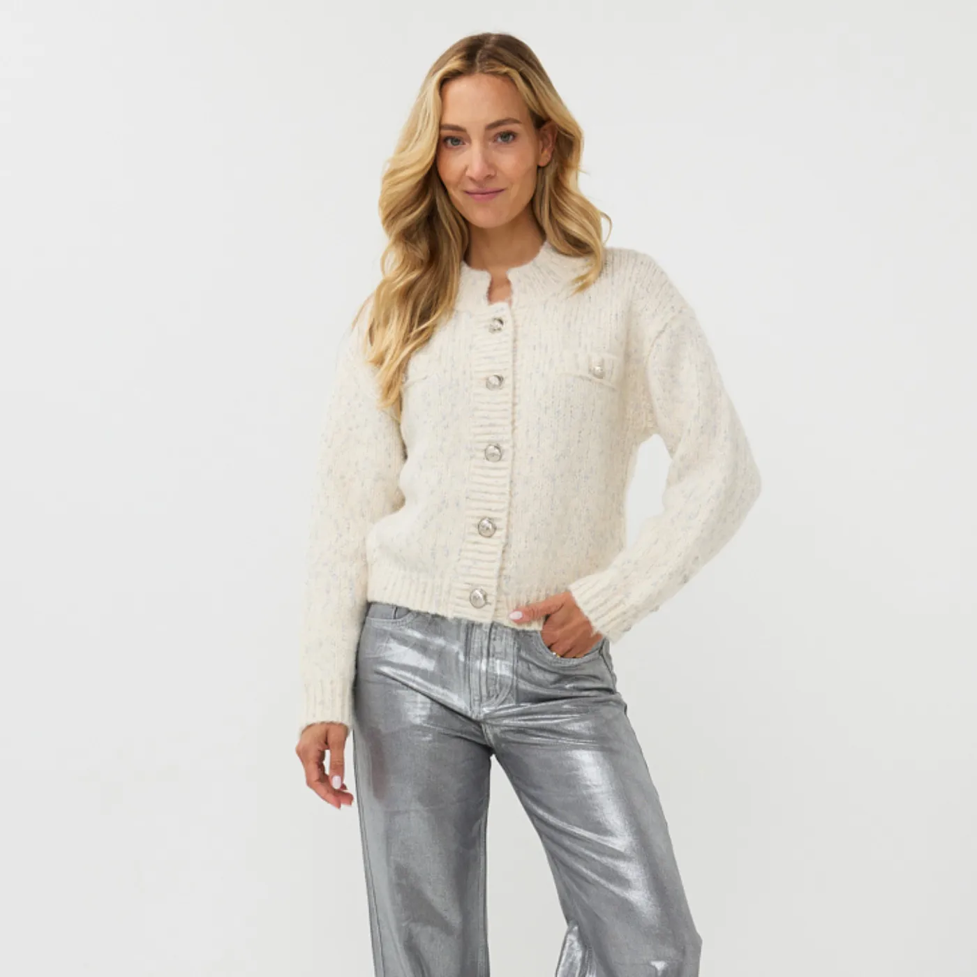 Esqualo Sparkle Cardigan With Silver Lurex Buttons | Off White