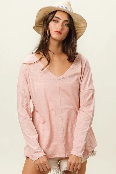 Exposed Seam V-Neck Long Sleeve T-Shirt