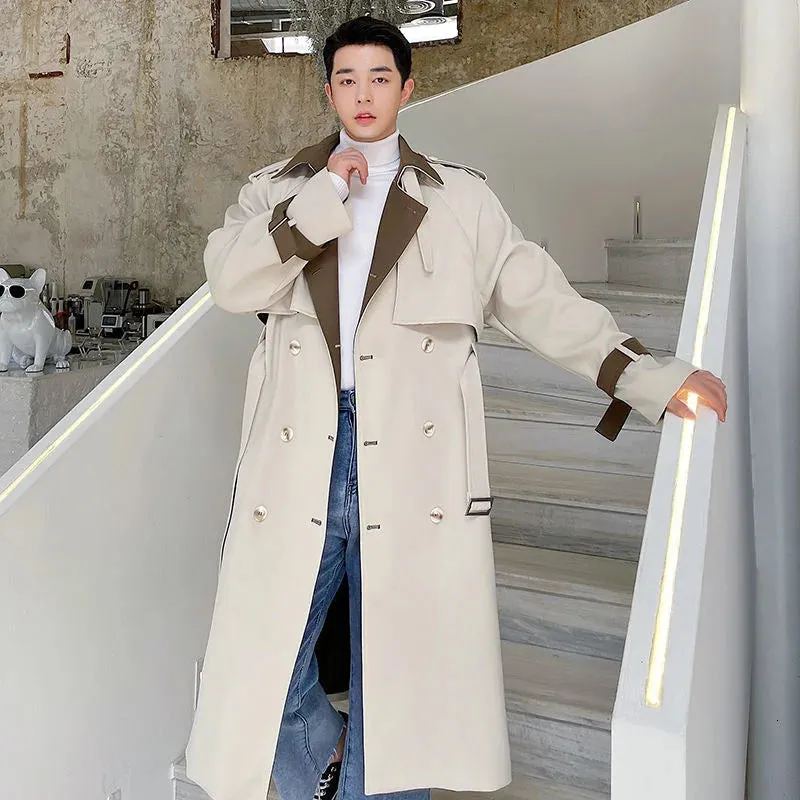 Fashion Male Autumn Spliced Long Trench Coat High Qualtiy Men New Loose Lapel Double Breasted Windbreaker With Belt 9D0946