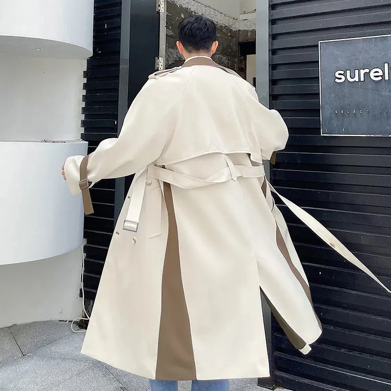 Fashion Male Autumn Spliced Long Trench Coat High Qualtiy Men New Loose Lapel Double Breasted Windbreaker With Belt 9D0946