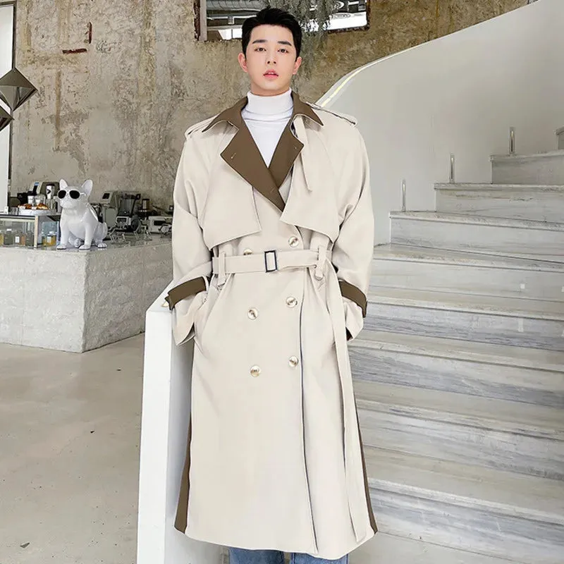 Fashion Male Autumn Spliced Long Trench Coat High Qualtiy Men New Loose Lapel Double Breasted Windbreaker With Belt 9D0946