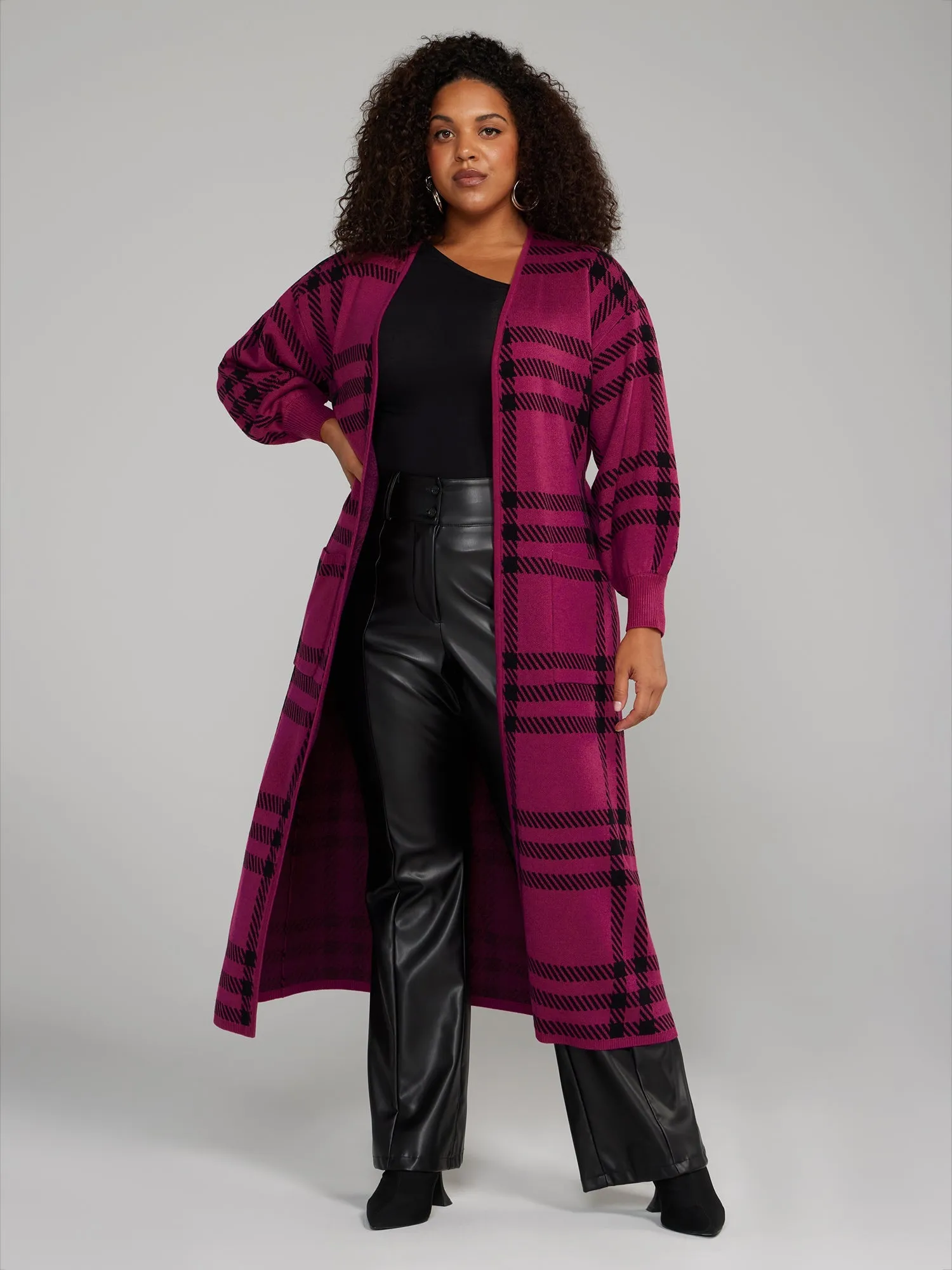 Fashion To Figure - Belted Plaid Long Cardigan