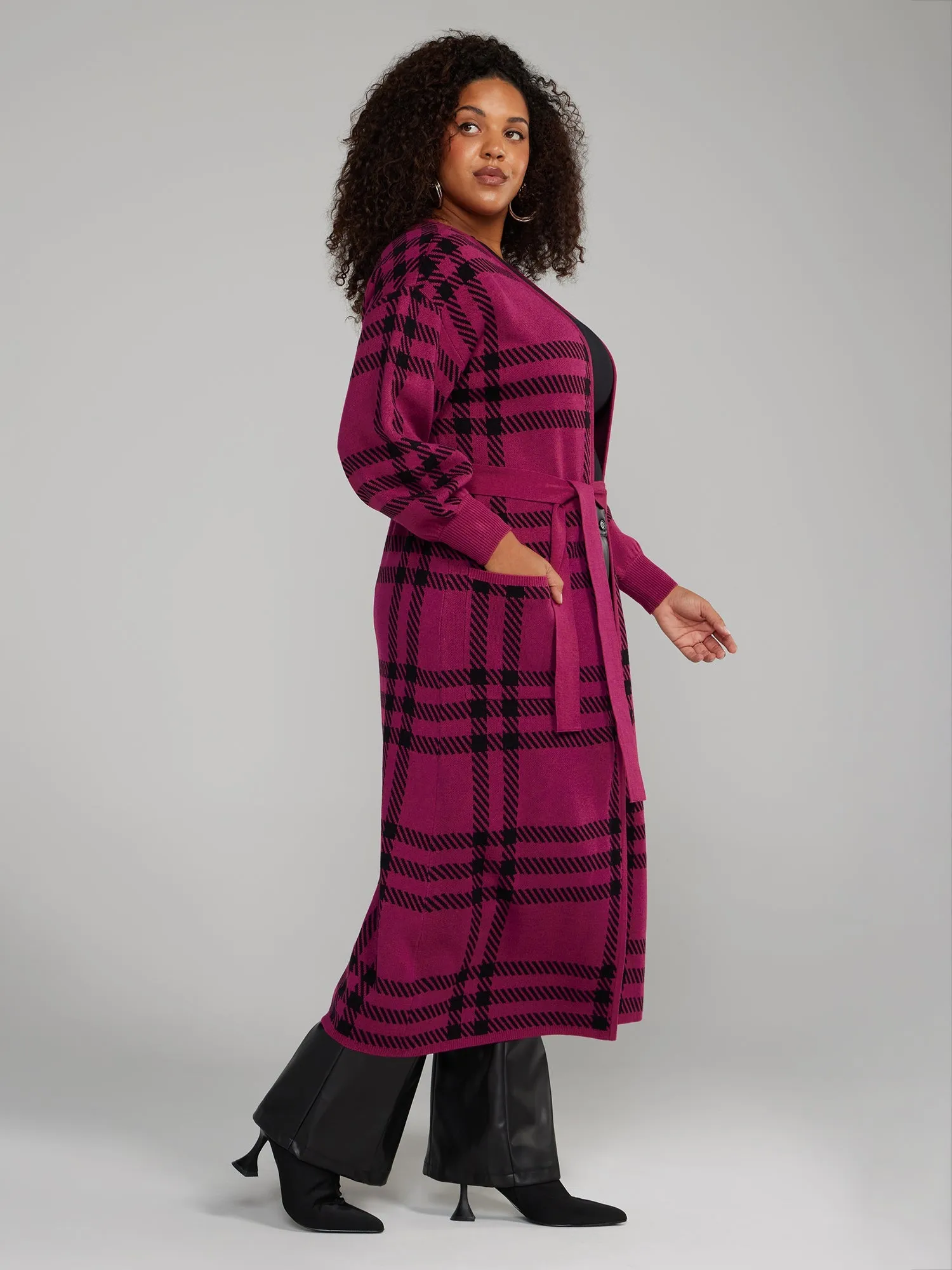 Fashion To Figure - Belted Plaid Long Cardigan