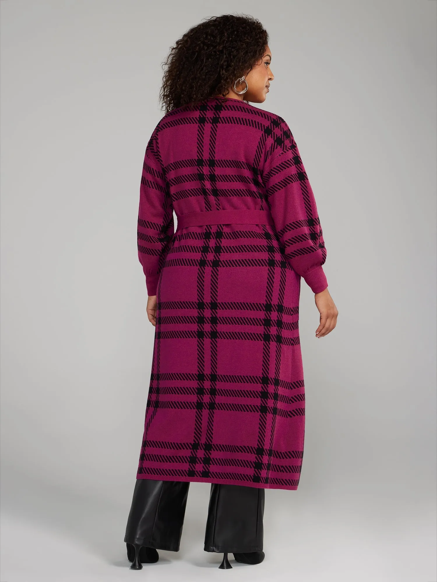 Fashion To Figure - Belted Plaid Long Cardigan