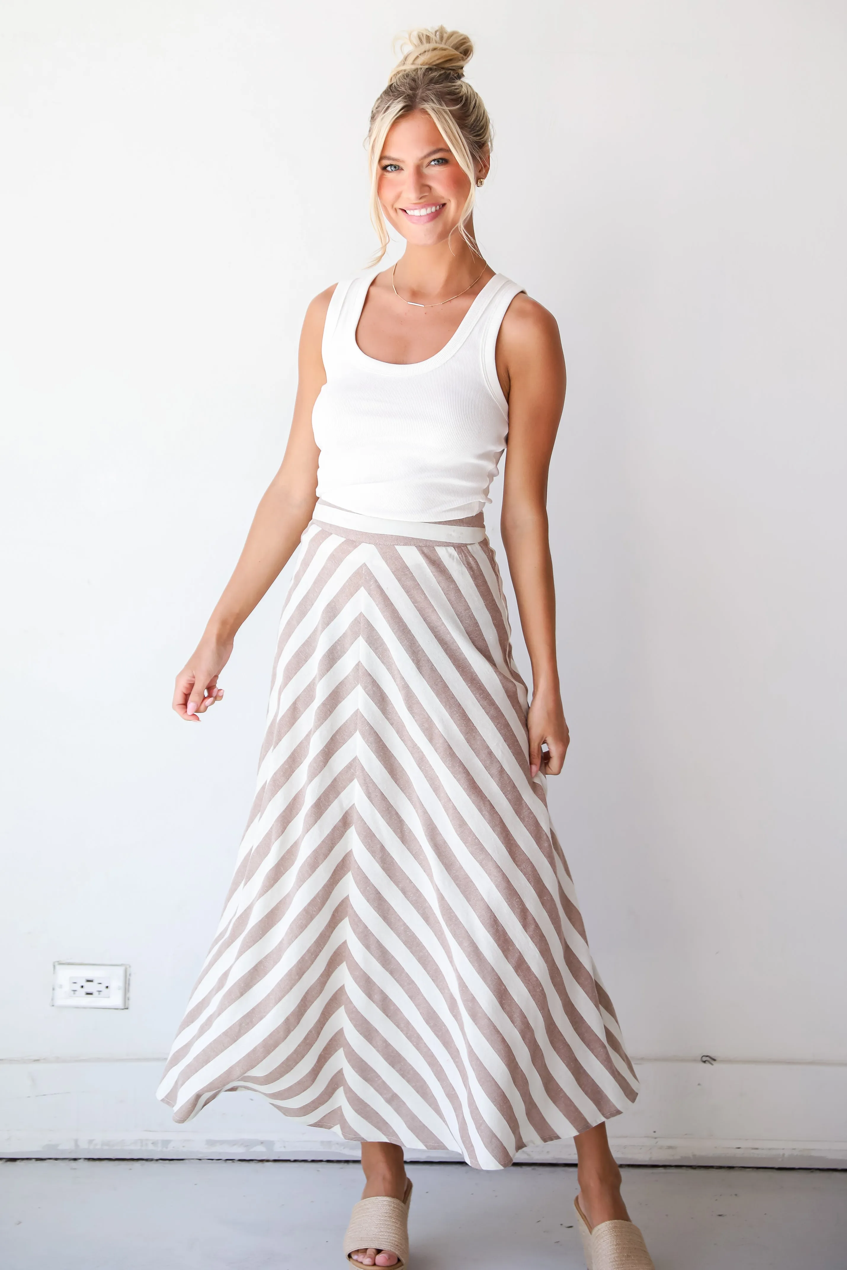 FINAL SALE - Completely Endearing Taupe Striped Maxi Skirt