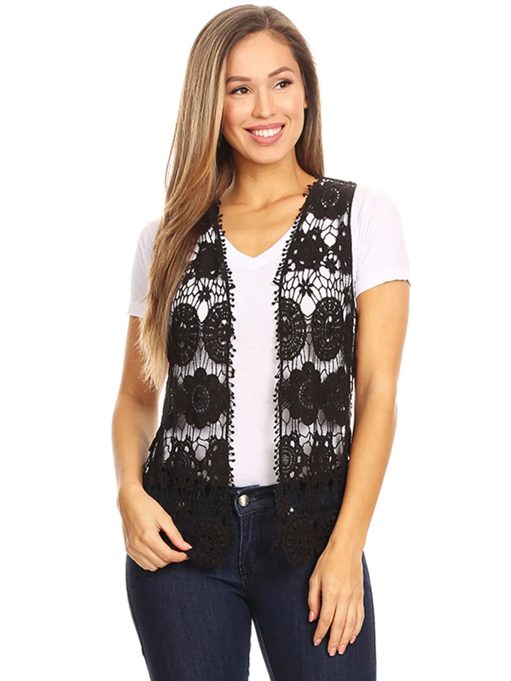 Floral Crochet Open Front Vest