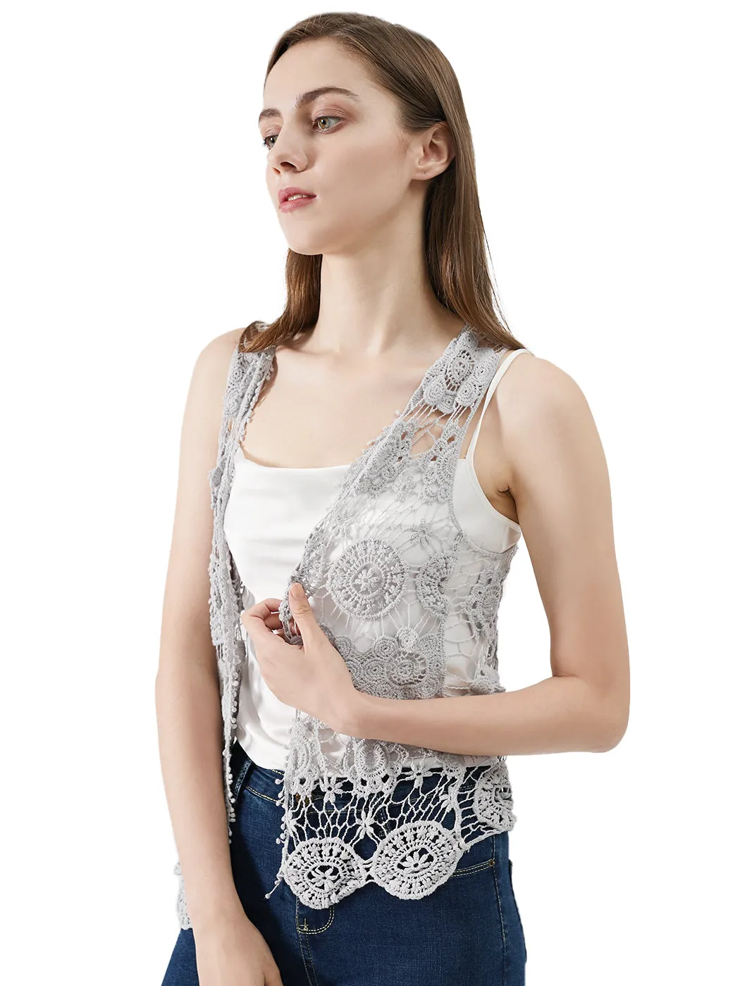 Floral Crochet Open Front Vest