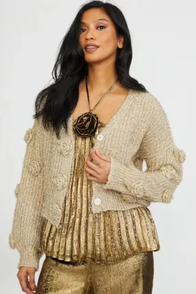 Flower Applique Lurex Cardigan - Gold